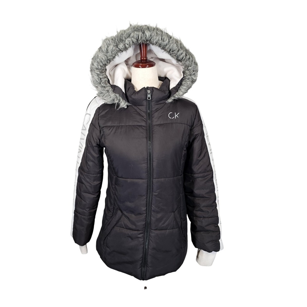 Calvin Klein‎ Jeans Puffer Jacket Girls 12/14 Black Faux Fur Hood Fleece Lined